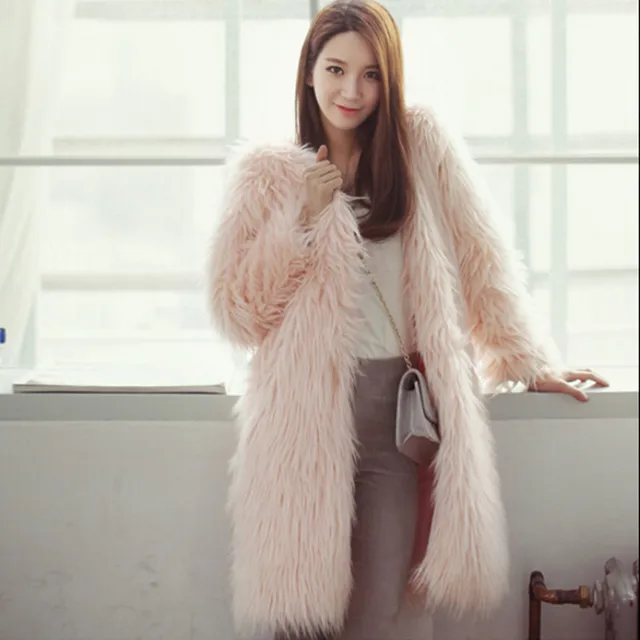 2016 Solid Color Long Hairy Shaggy Faux Fox Fur Coat High Quality Women