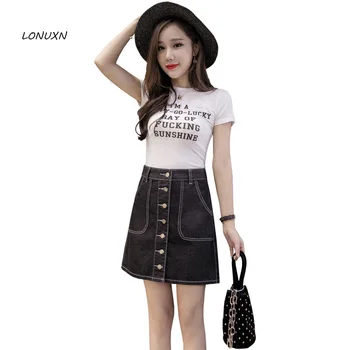 

high quality Female spring new Korean version High waist Slim wild Denim skirt girl Anti-light Package hip A-Line With pockets