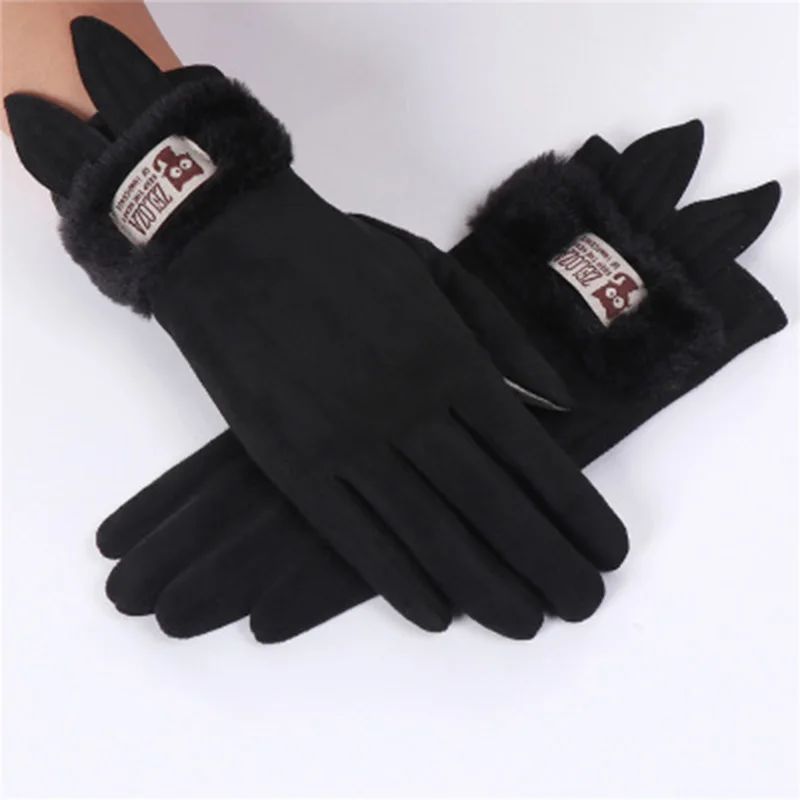 Touch screen gloves ladies winter warm suede leather mittens lovely rabbit cat ears plus velvet thickening driving gloves D33 - Цвет: D33B Black