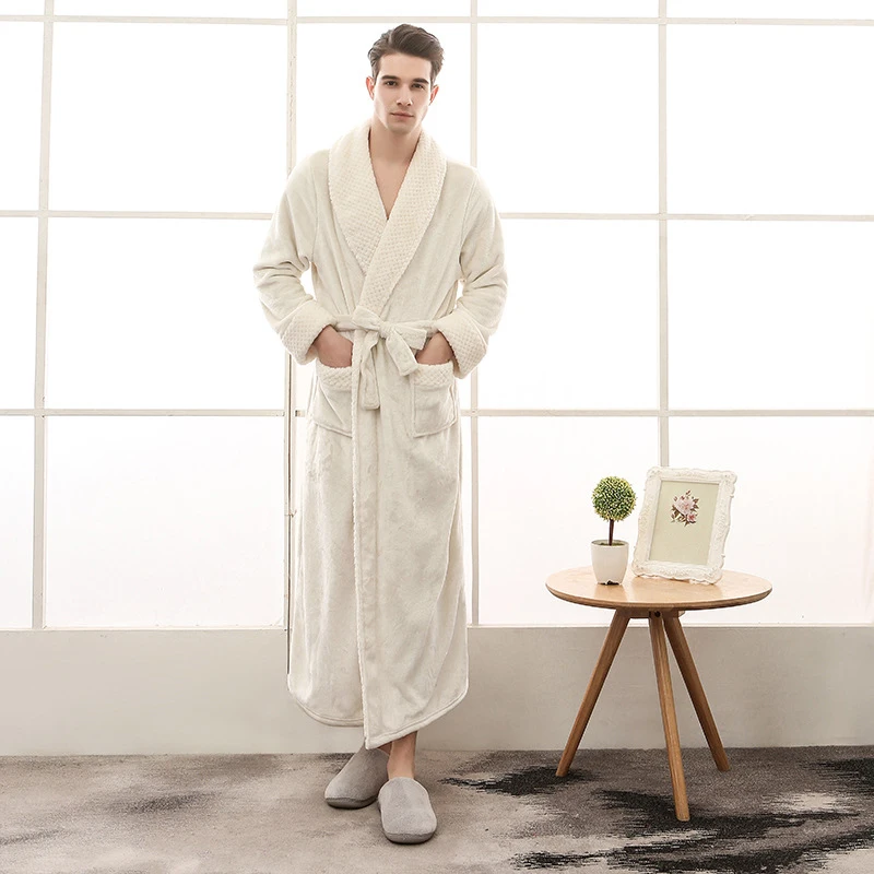 Зимний однотонный халат для пар, женский и мужской фланелевый банный халат, одежда для сна, толстый теплый длинный женский халат, Прямая поставка - Цвет: White For Man