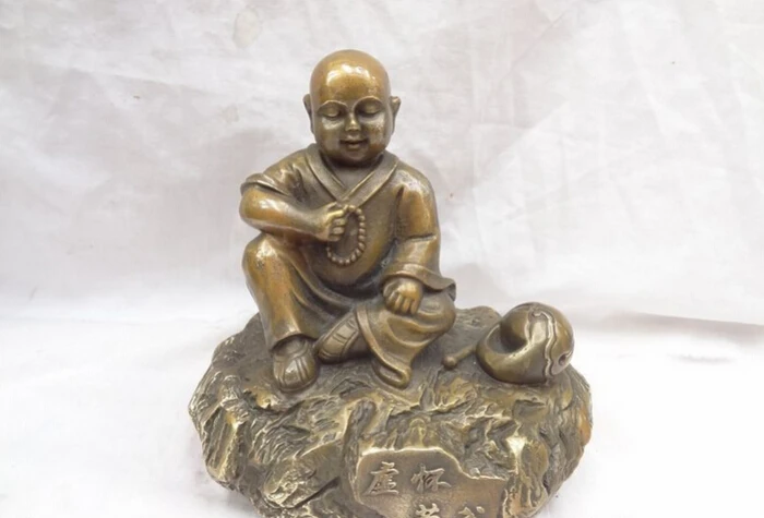 

S5125 8" Chinese Bronze Buddhism Young Bonze Prayer Monk Buddha Temple Blocks Statue D0317