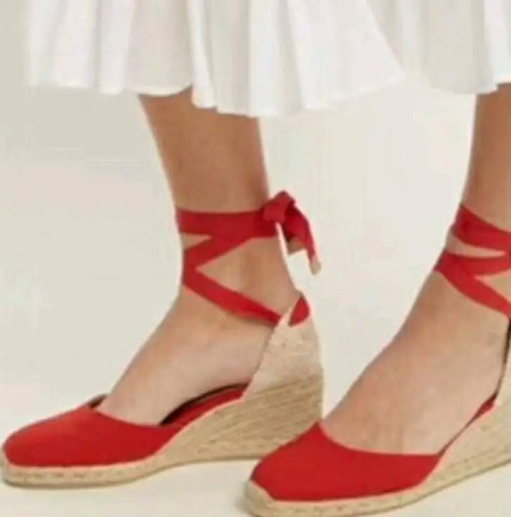Летние туфли со стразами в европейском стиле пеньковая веревка трава с подъемом женские летние лодочки с перекрестными ремешками, высокий каблук джинсовые кружевная обувь Повседневное ботинки в рыбацком стиле; Для женщин - Цвет: Красный