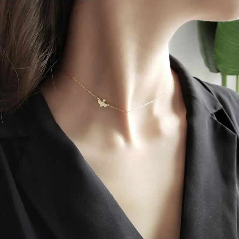 

New Arrive Dainty Delicate Bird Lucky Girl Charm 100% 925 Sterling Silver Boho Lyer Choker Necklace Women Gold Female Necklaces