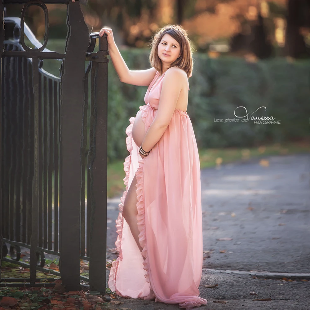 

Sexy V-Neck Long Chiffon Maternity Photography Dress Maternity Dresses For Photo Shoot Slit Open Pregnancy Dress