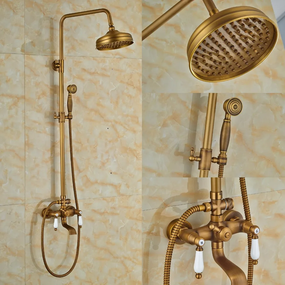 

Antique Brass Bathtub Faucet Bathroom Shower Faucet Set 8" Rainfall Shower Head with Handheld Shower