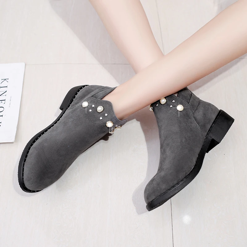 

Suede Leather Shoes Women Ankle Boots Autumn Thick Square Heel Martin Boots Rivet Winter Handmade Pearl Shoes Boot Size 35-40