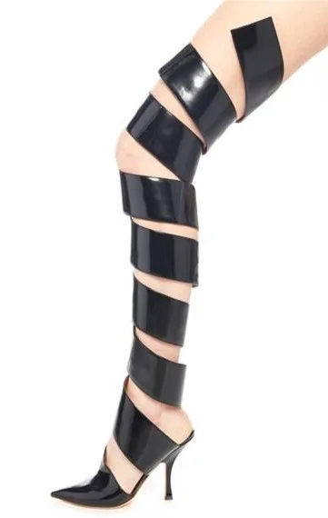 

Brand Women Solid Black Yellow Pink Brown Patent Leather Slip On Pointed Toe Cuts Out Stiletto Heels Over The Knee Thigh Boots