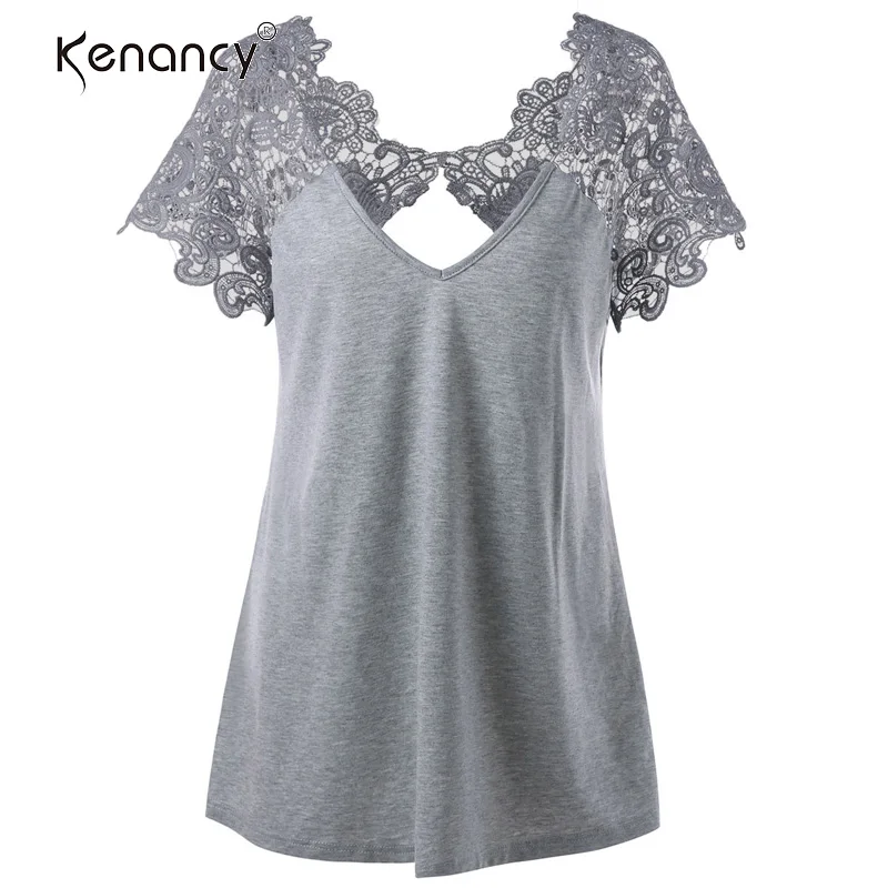 

Kenancy 5XL Plus Size V Neck Cutwork Lace Trim T-Shirt See-through Openwork Embroidery Short Sleeve Backless T-Shirt 2019 New