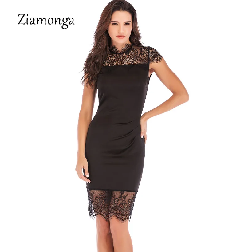 

Ziamonga 2019 New Slim Midi Lace Patchwork Pencil Bodycon Dress Short Sleeve Casual Bandage Dress Vestido De Festa Party Dresses
