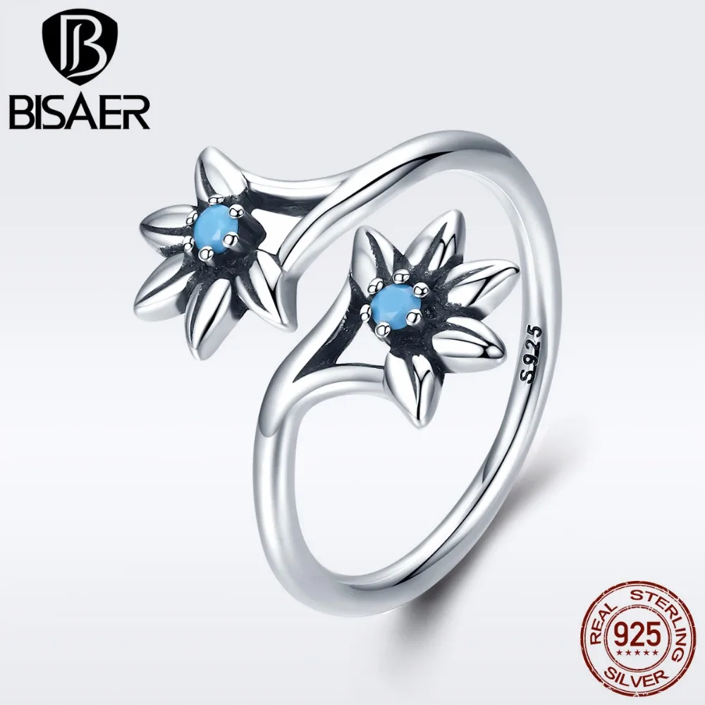 

BISAER Genuine 925 Sterling Silver Female Adjustable Blue Daisy Flower Finger Rings for Women Wedding Engagement Jewelry GXR249