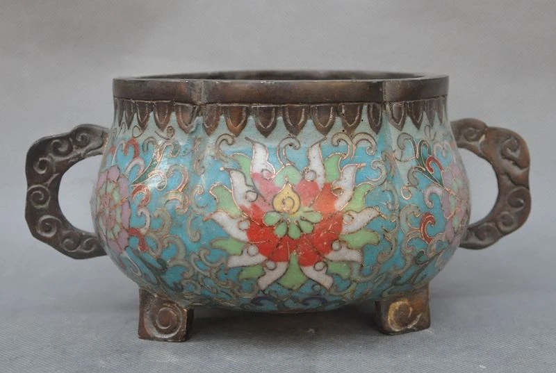 

Marked Old Chinese Dynasty bronze Cloisonne Enamel Flower Incense burner Censer