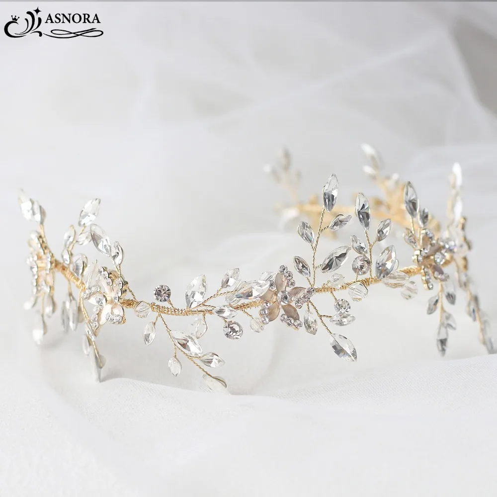 

ASNORA tocado novia Wedding Headbands Gold Metal with Crystals Beads Bridal Hair Accessories Headdress Women Hair Bands
