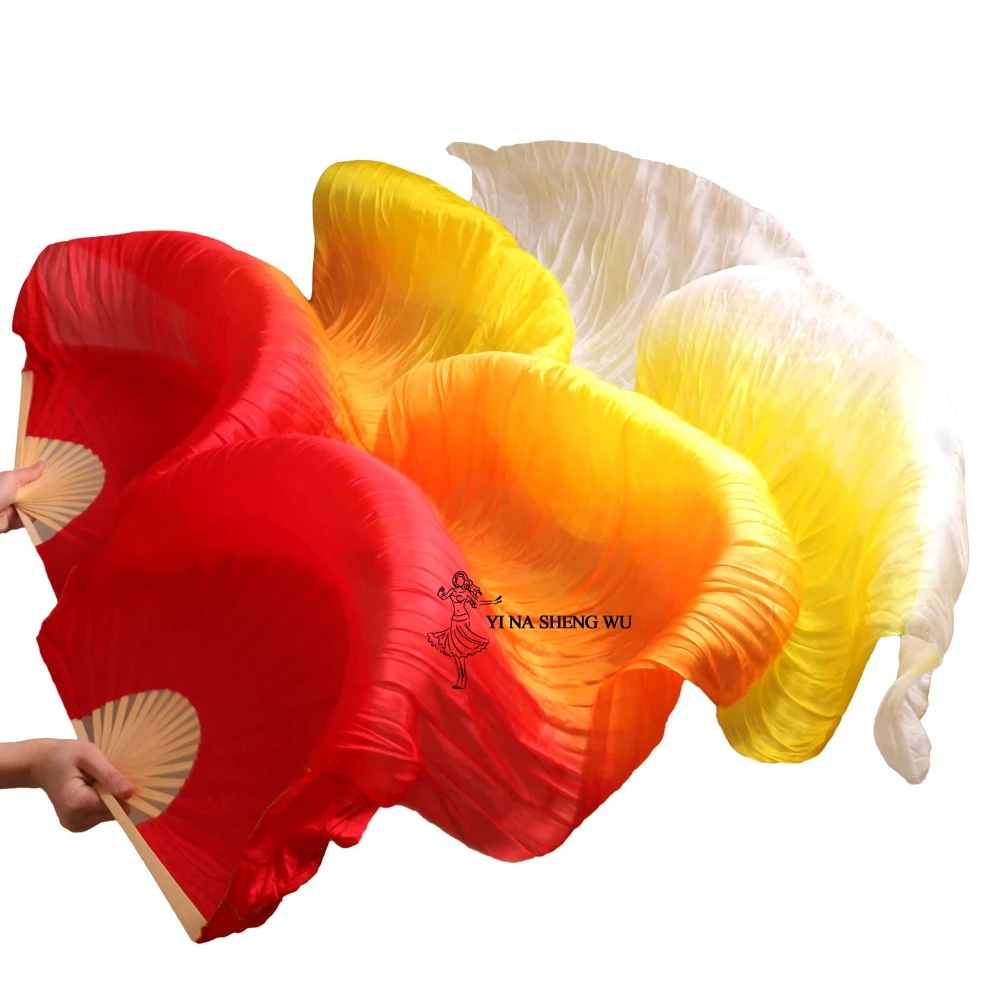 Хиты, высокая распродажа, Женская качественная шелковая вуаль для танца живота, веер, натуральный шелк, 1 пара, 180*90 см, красный+ оранжевый+ желтый - Цвет: As picture