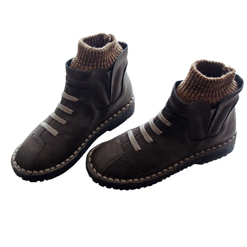 2018 autumn and winter new wool round head warm waterproof flat soft bottom art retro short boots ankle women's shoes | Обувь