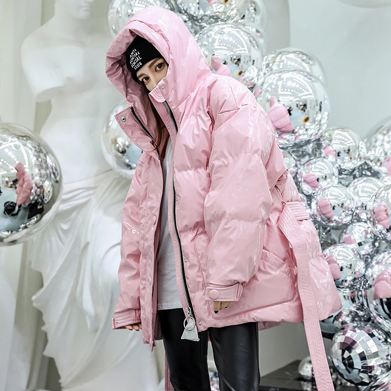 Streetwear Winter Women Jacket Hooded Parkas Pink Snow Female Coat Loose Oversized Adjustable Waist Womens Short Parka MY38