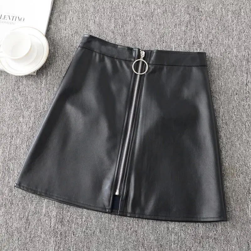 

Spring Summer Casual PU Leather Skirt Women Elegant Zipper Mini A-Line Skirt Lady Skinny High Waist Skirts Black