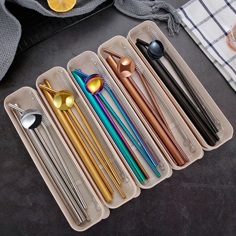 

Set of 4 Stainless Steel Metal Drinking Straw Reusable Straws Washable 2 Brushes Portable Home Kitchen Tableware Sets