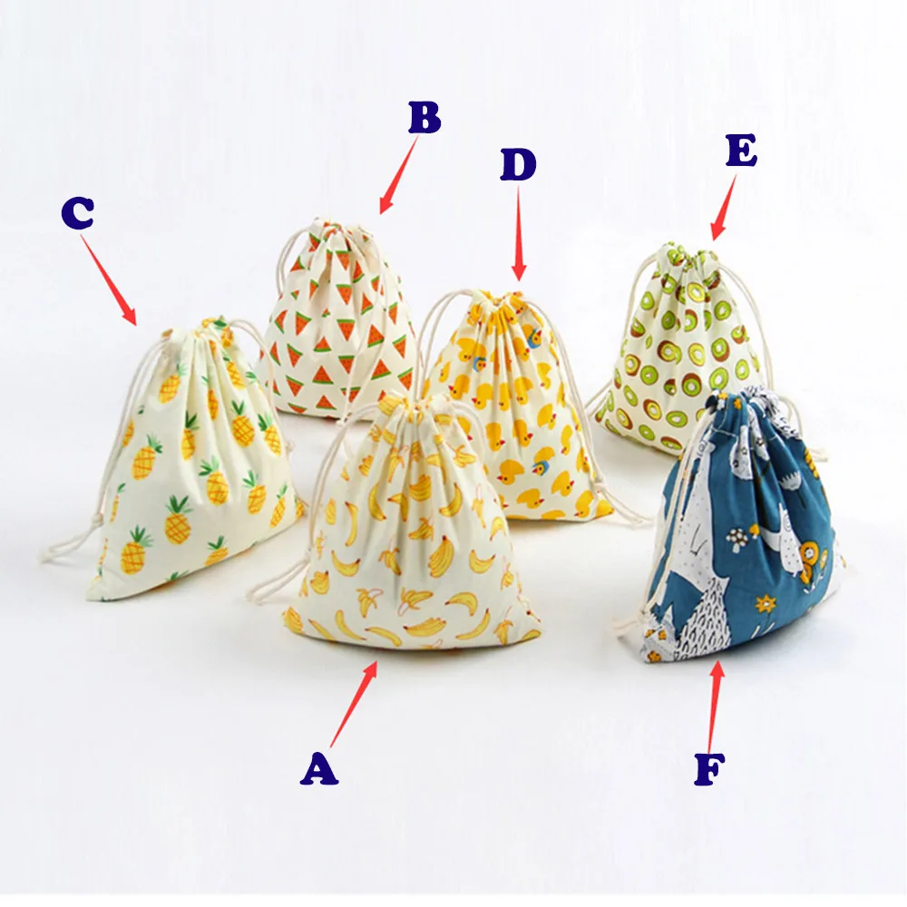 3 Sizes Linen Drawstring Bag Girls Cartoon Printing Small Backpack