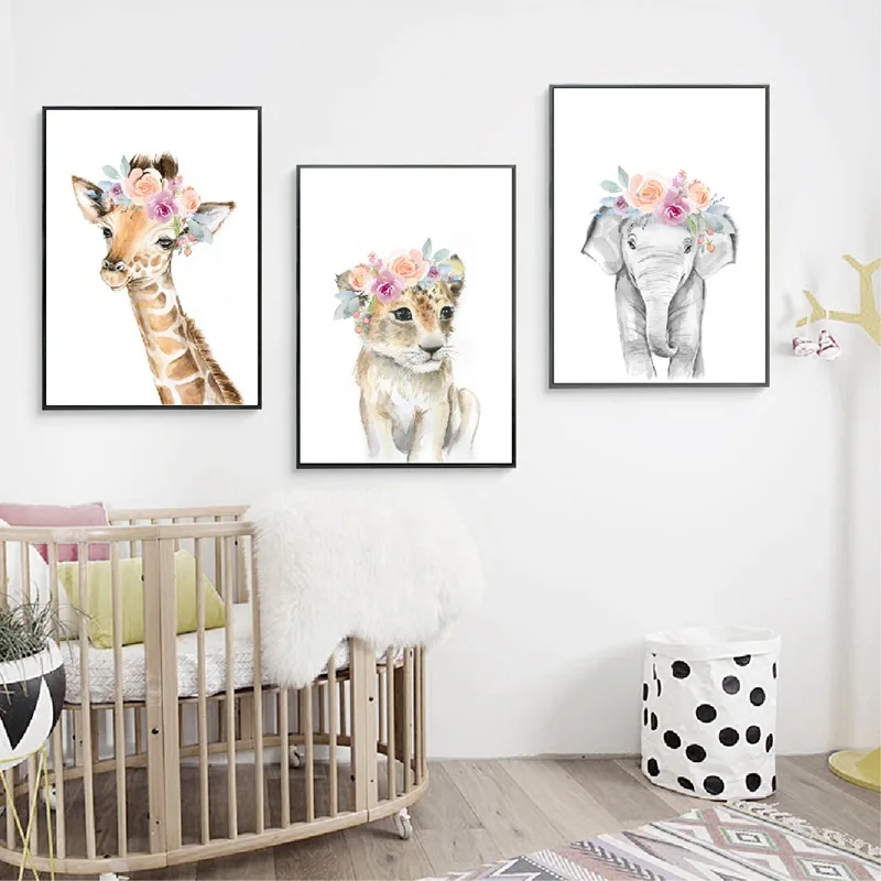 GUDOJK Pintura Mural Baby Lion Poster Print Flower Crown Wreath Nursery Animals Wall Art Canvas Painting Safari Animal Picture Girls Room Decoraci/ón de la pared-50x70cm