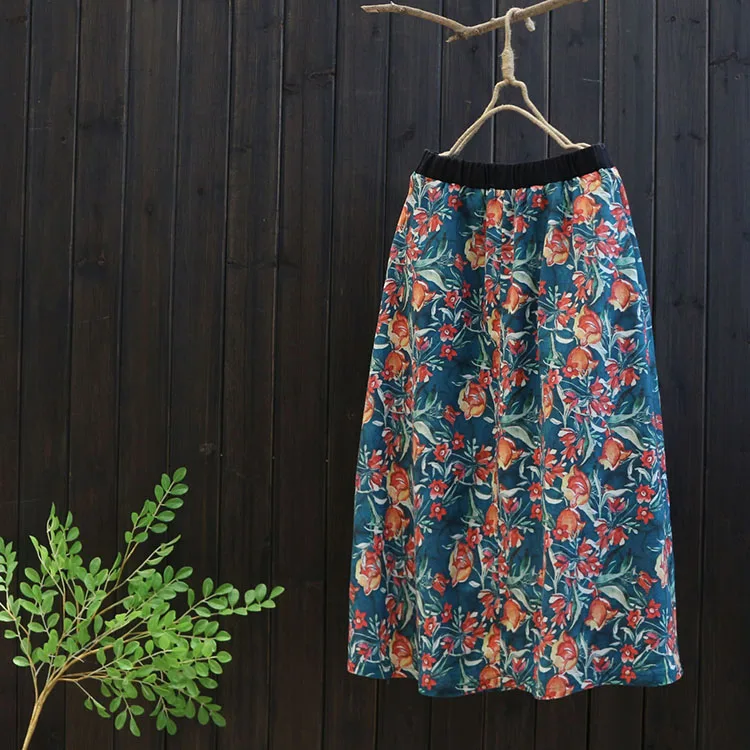 

Vintage Mori Girl Floral Skirt 2019 Summer Cotton Big Size Elastic Waist Flower Print Linen Female A line Skirt YoYiKamomo
