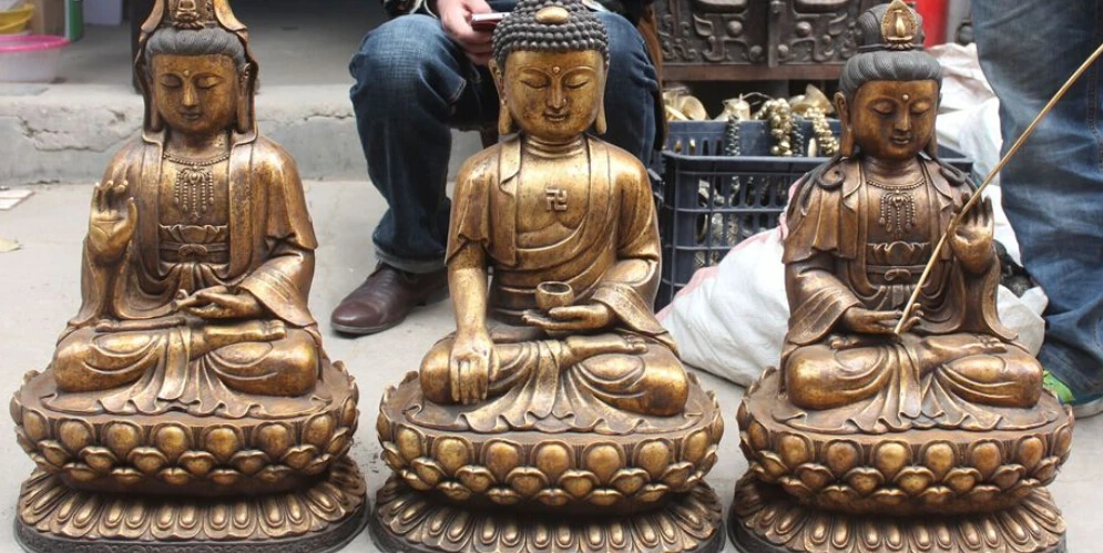 

24" Bronze Gilt Western Shakyamuni Kwan-yin God Hold Lotus Pot Buddha Statue Set R0711