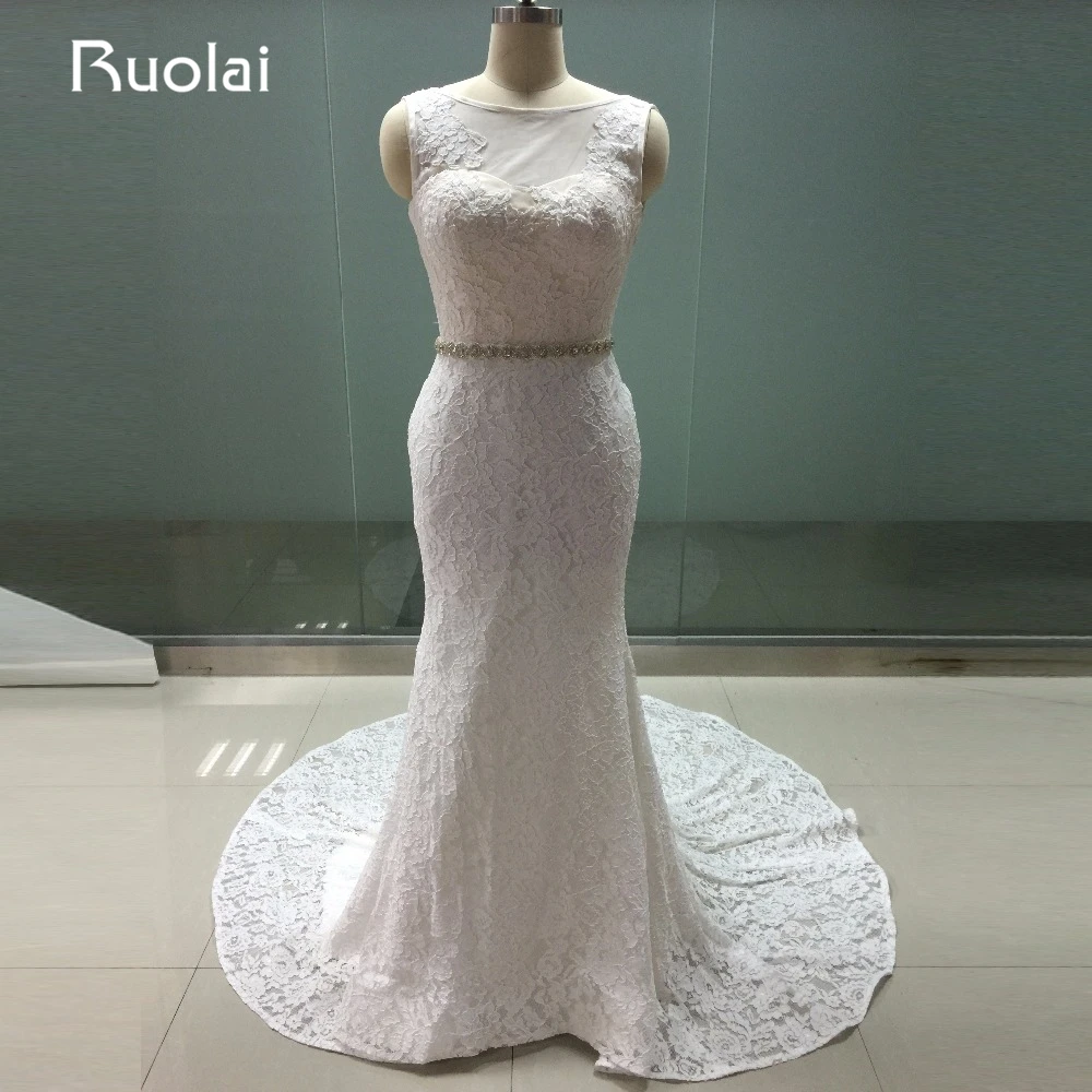 Real Picture Sexy font b Wedding b font Dresses 2017 Scoop Lace Crystal Sash Mermaid font