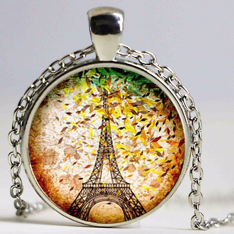 colors france paris glass pendant necklace charms Eiffel Tower glass dome silver chain pendnat necklace for women 2015 jewelry