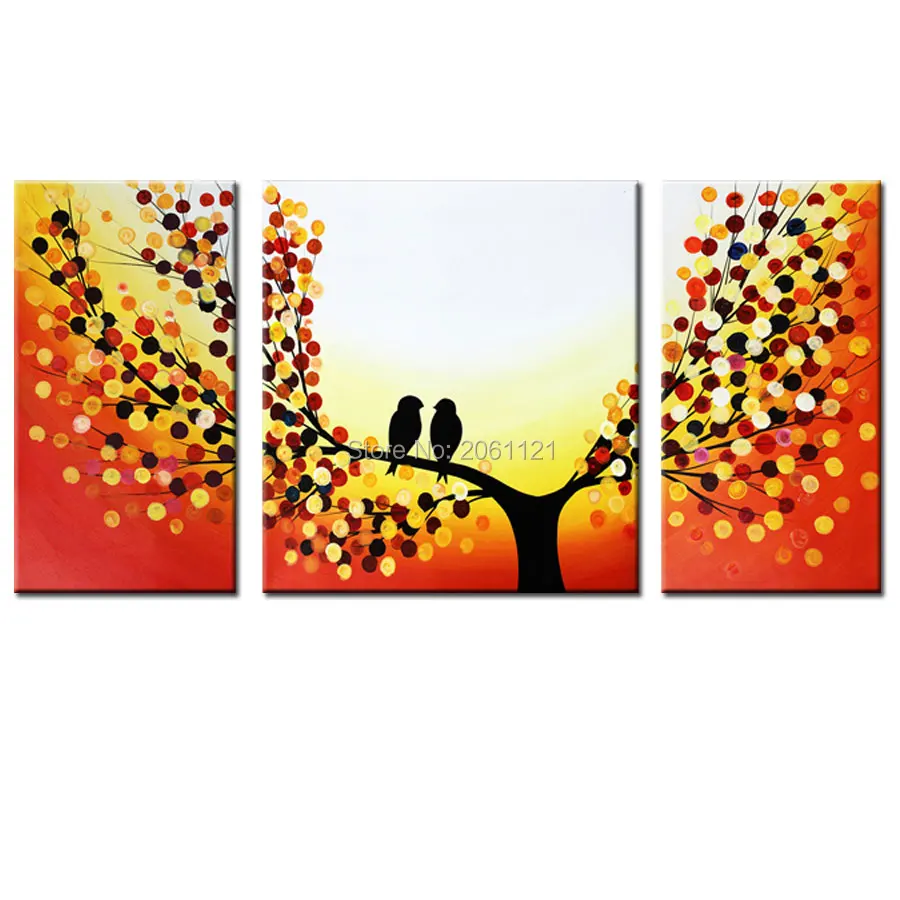 Handmade Modern blue landscape Painting branch birds Oil painting Wall Designs Art 3 Piece Home Decor picture Set With umframed