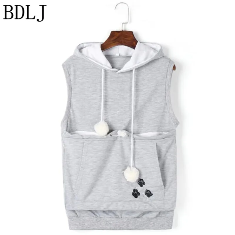 

2017New Cat Lovers Women vest With Cuddle Pouch Dog Pet colete For Casual Kangaroo vest women With Ears Sweatshirt Drop Shipping