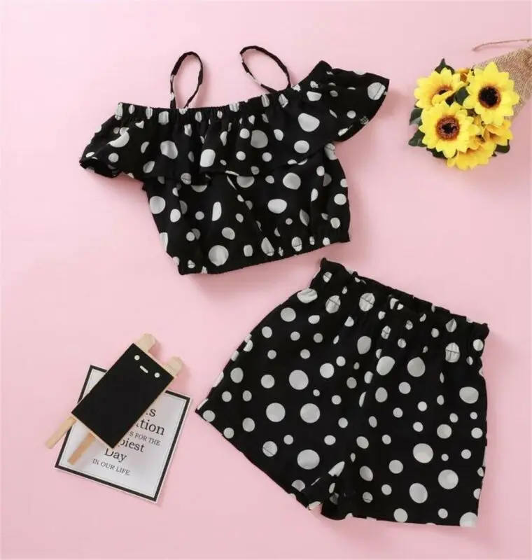 

2-7Years Kids Toddler Baby Girls Clothing Set Ruffle T shirts + Shorts Child Dot Outfit Summer Girls Costumes