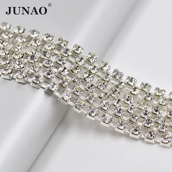 

JUNAO 5.8 Meter/Roll SS8 Clear Glass Rhinestones Chain Metal Trim Silver Base Sewing Cup Chain Crystal Appliques Strass Band