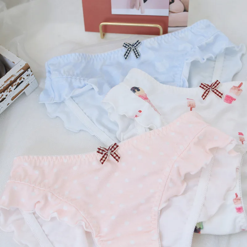 

SP&CITY High Quality Print Cotton Panties Sweet Plaid Bow Lingerie Dots Wavy Ice Cream Underwear Girls Cute Seamless Briefs