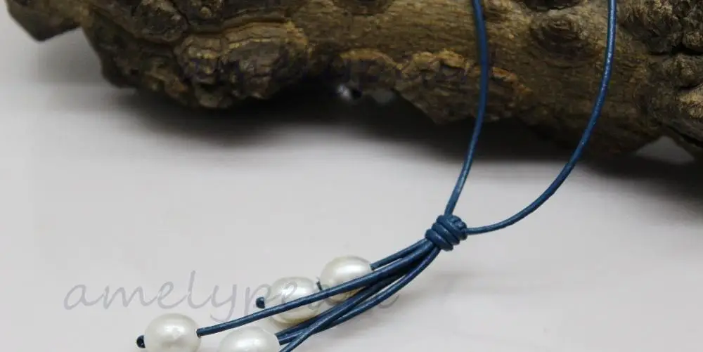 

Blue Genuine Leather white Freshwater Pearl Necklace 10x12mm 18"handmade a(5.18)