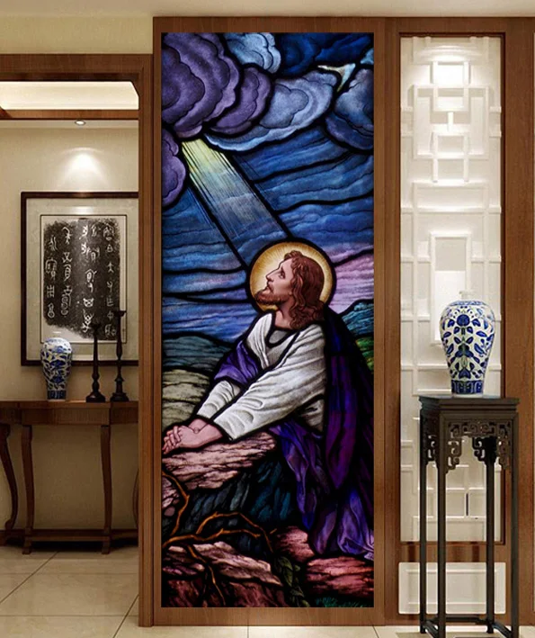 

Decorative Jesus Christ Glass films self adhesive/static cling frosted stained continental window film can do custom size J501