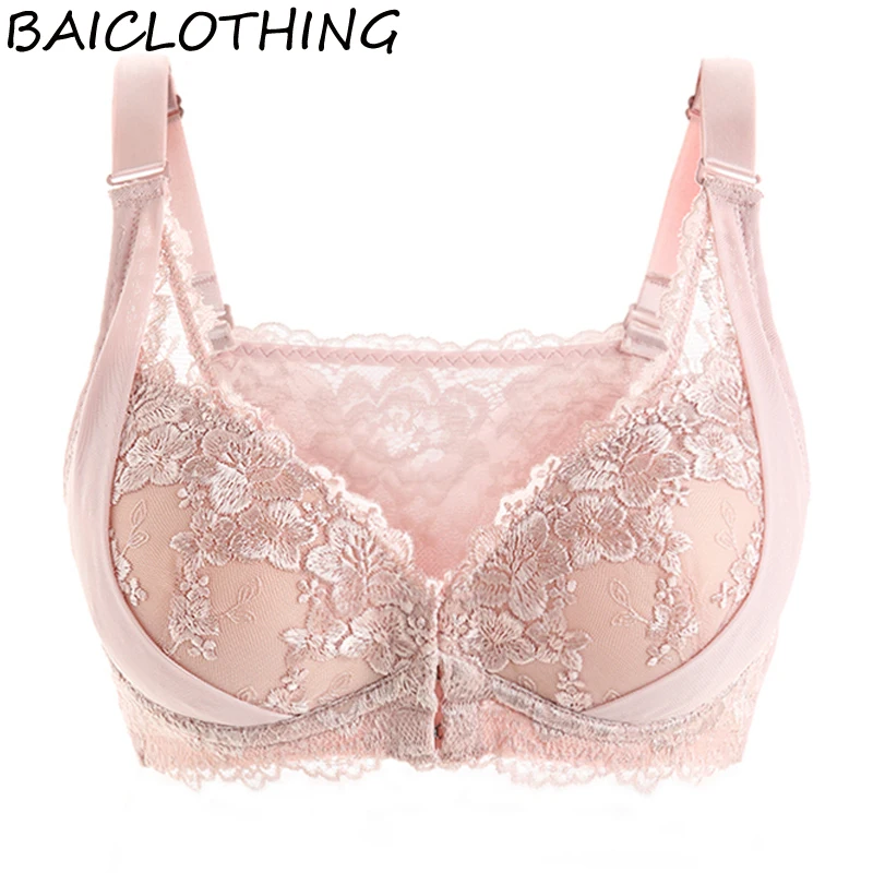 Baiclothing Женская 3/4 чашка Пуш Ап Бюстгальтер с цветочным рисунком застежка спереди вышивка большой Размеры бюстгальтер нижнее белье Для женщин 34, 36, 38, 40, 42, B, C, D