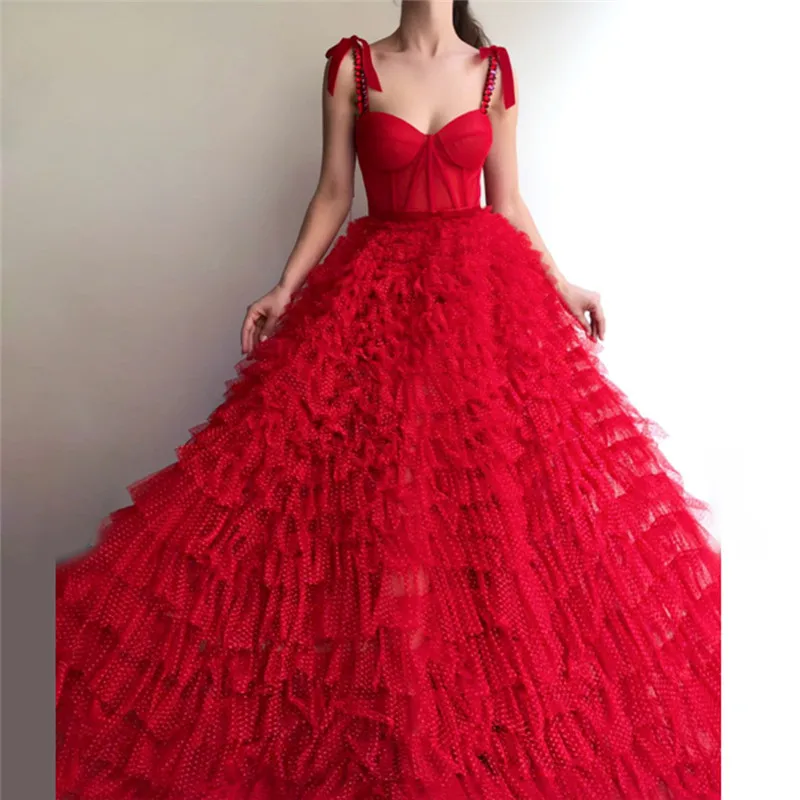 

Red Muslim Hot Sale Dresses 2019 Ball Gown Spaghetti Straps Tulle Crystals Islamic Dubai Saudi Arabic Long Formal 2018 Gown