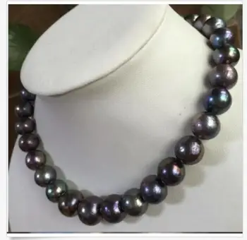 

stunning 12-13mm tahitian round black red pearl necklace 18inch 925s kkk