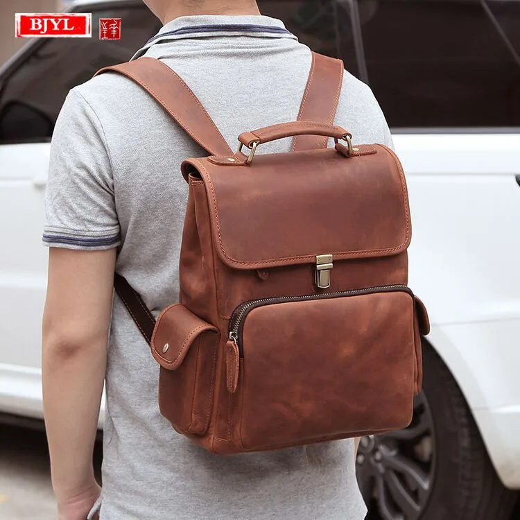 

New Genuine leather men's backpack shoulder bag retro portable male crazy horse leather large capacity hiking laptop backpacks