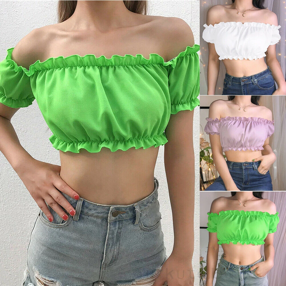 2019 verano Sexy mujer sin volantes fuera del hombro Crop Top blusas señoras moda corta blusa Tops|Blusas y camisas| - AliExpress