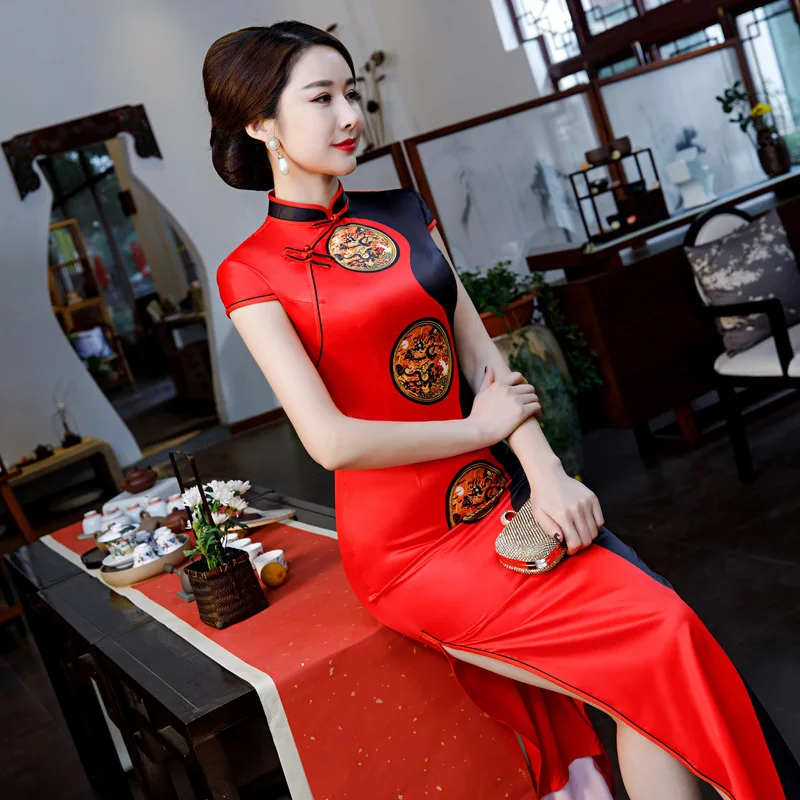 

S-4XL Long Cheongsam Vintage Chinese style Dress 2019 Fashion Womens Rayon Qipao Slim Party Dresses Button Vestido Plus Size