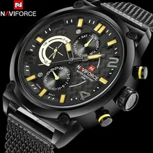 NAVIFORCE men’s fashion casual sports quartz watches mesh band alloy black case 30M waterproof yellow wristwatches reloj hombre