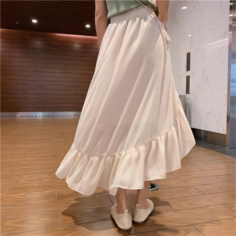 Chic высокая талия одноцветное для женщин юбка нерегулярные оборками лоскутное женский шифон юбки для лето г. миди faldas femme