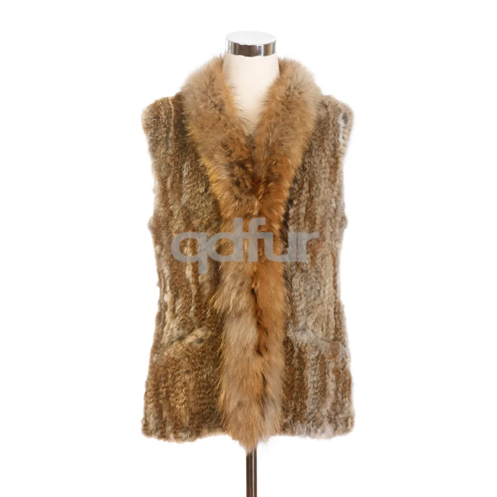 2017 Ladies' Natural Knitted Rabbit Fur Vest Waistcoat Raccoon Fur