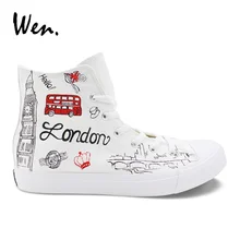 Вэнь классическая белая парусиновая обувь с ручной росписью дизайн Лондон ориентиры высокая обувь флэтс унисекс повседневные кроссовки обувь для взрослых