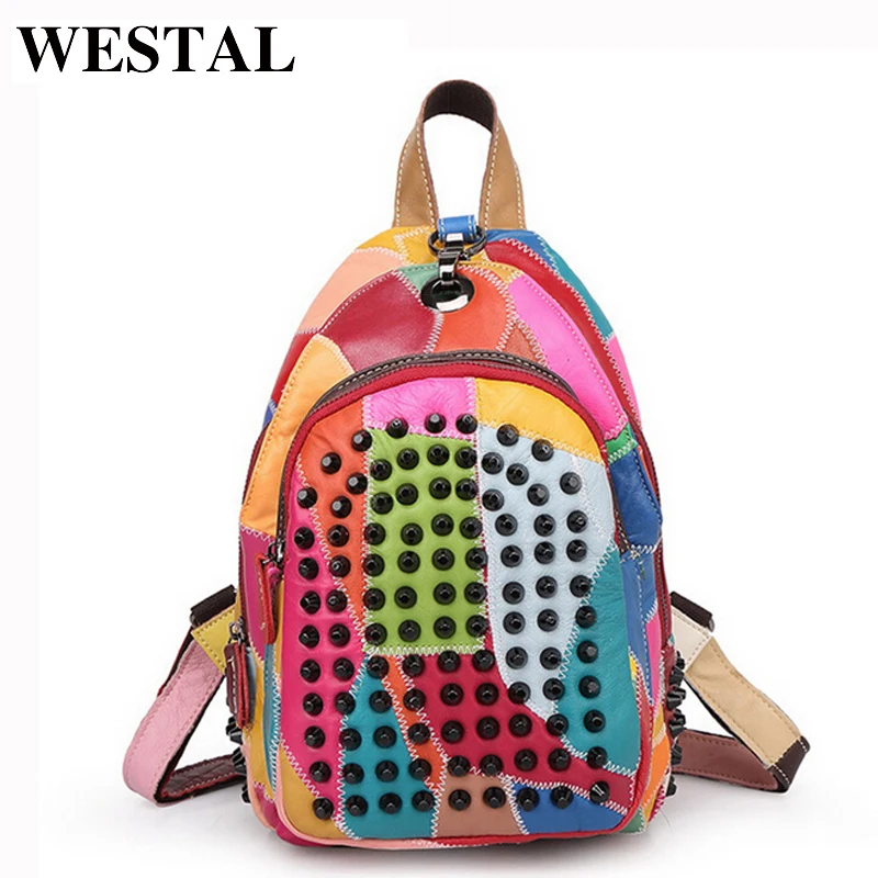 

WESTAL Genuine Leather Women Backpack Rivet Decoration School Bag Leather Laptop Backpack Women Travel Backpacks bolsa feminina