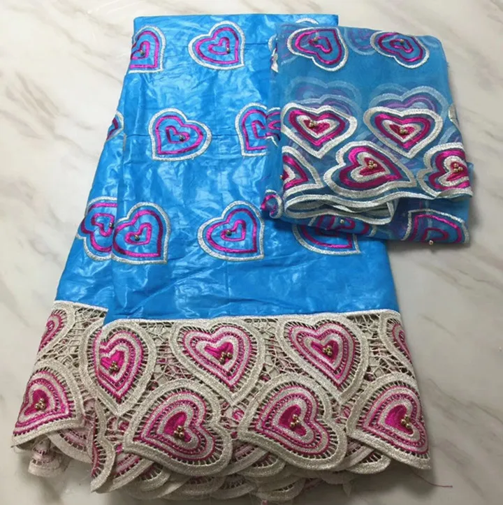 

5Yards Nice looking sky blue african Bazin brocade lace fabric and heart pattern french net lace embroidery for dress BZ7-6