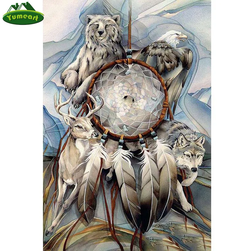 

YUMEART DIY 5D Diamond Painting Feather Dream Catcher Full Square Drill Wolf Feather Embroidery Cross Stitch Wall Art Home Decor