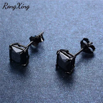 

RongXing Vintage Square Black Stud Earrings for Women Silver Color Black Gold Filled CZ Crystal Earring Fashion Jewelry