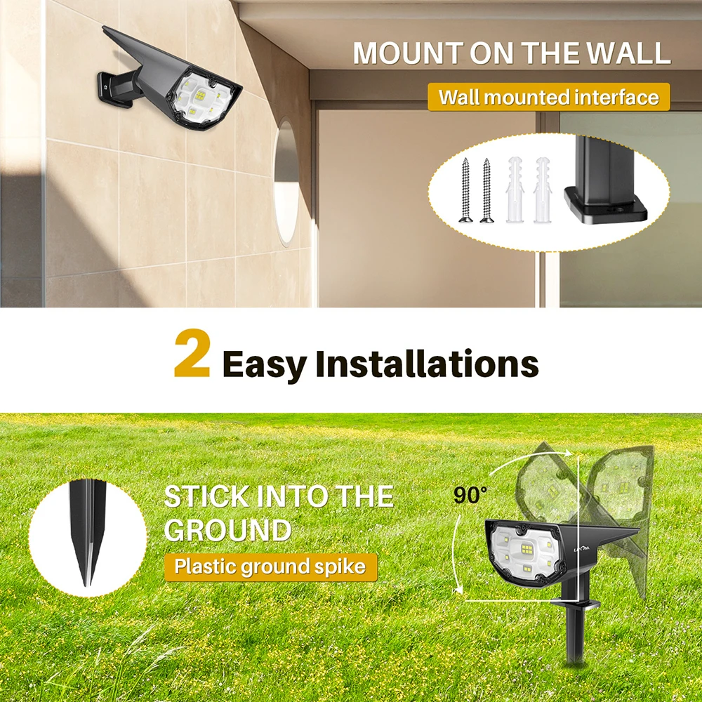 LITOM 12 LED Outdoor Solar Power Lighting IP67 Waterproof 2/4 Packs Solar Lights with Adjustable Modes 2-in-1 Outdoor Spotlights