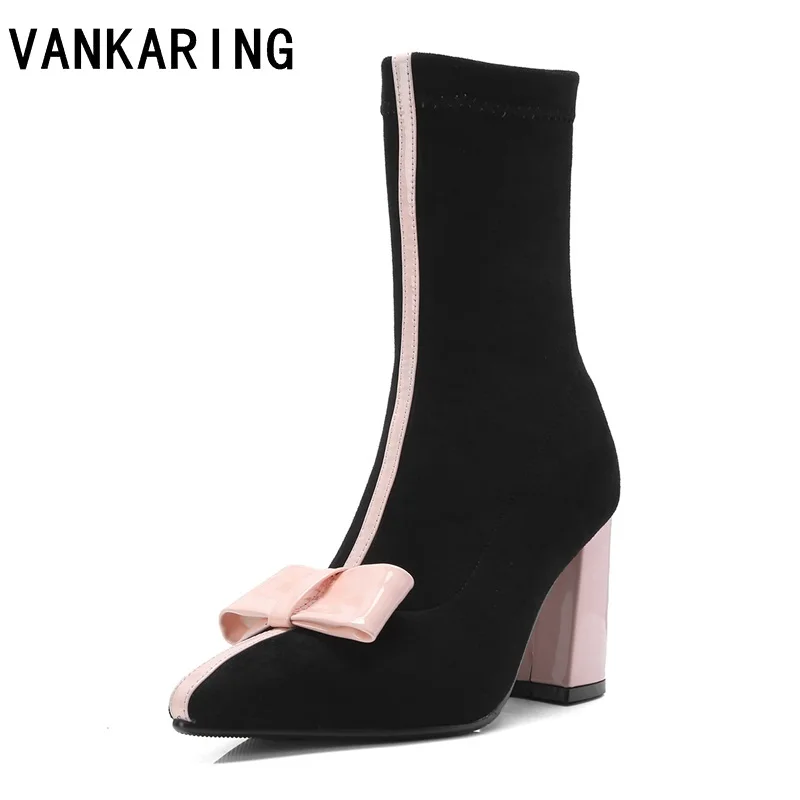 

VANKARING 2018 superstar shoes woman high heel ankle boots for women sexy pointed toe bow-tie slip on fashion black riding boots
